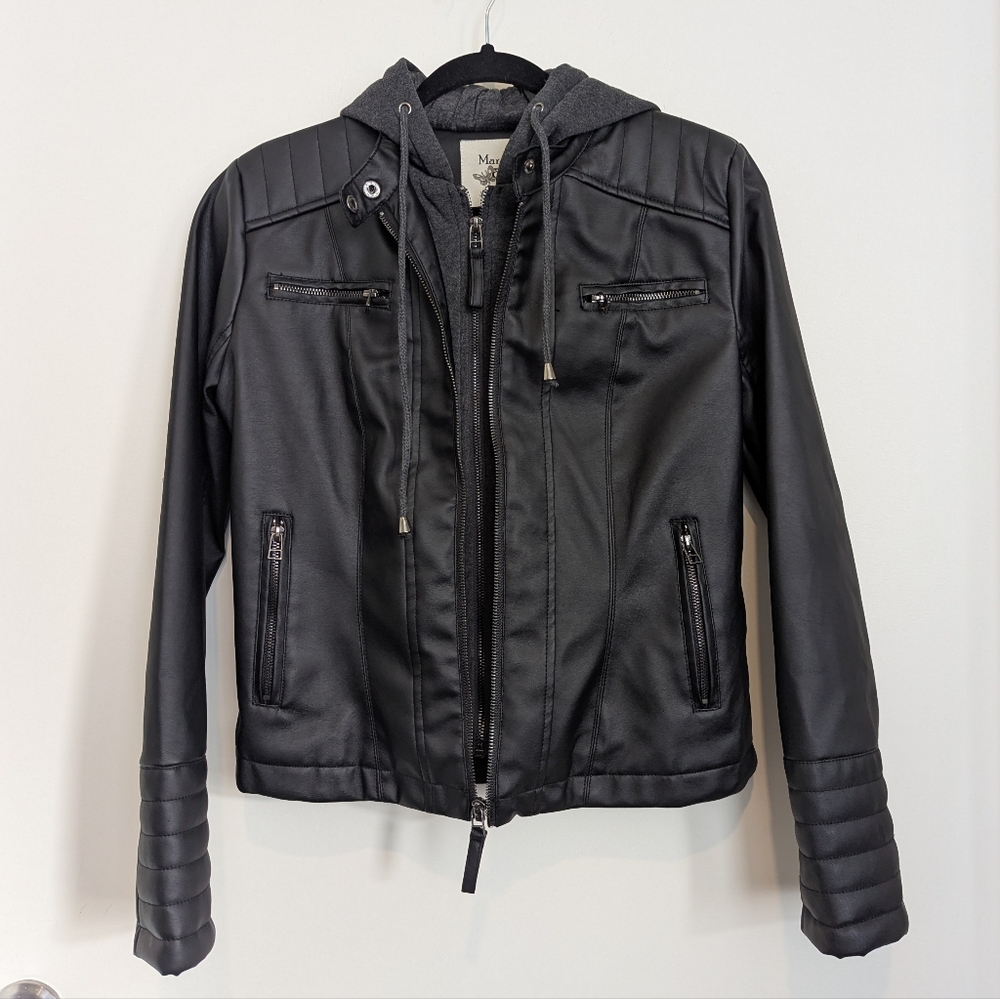 Maralyn & Me Black and Gray Faux Leather Hooded Jacket